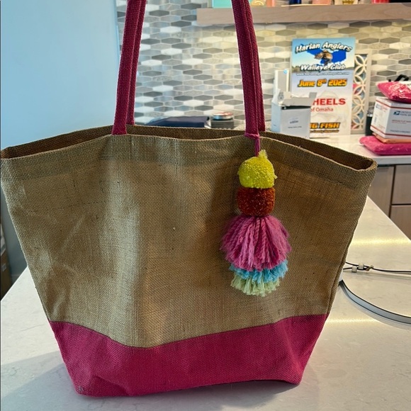 Handbags - Pink and Tan Tote Bag with Tassel